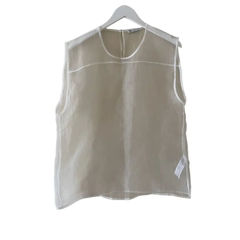 Zara White Sheer Rib Sleeveless Women’s Crewneck SZ L #1696
